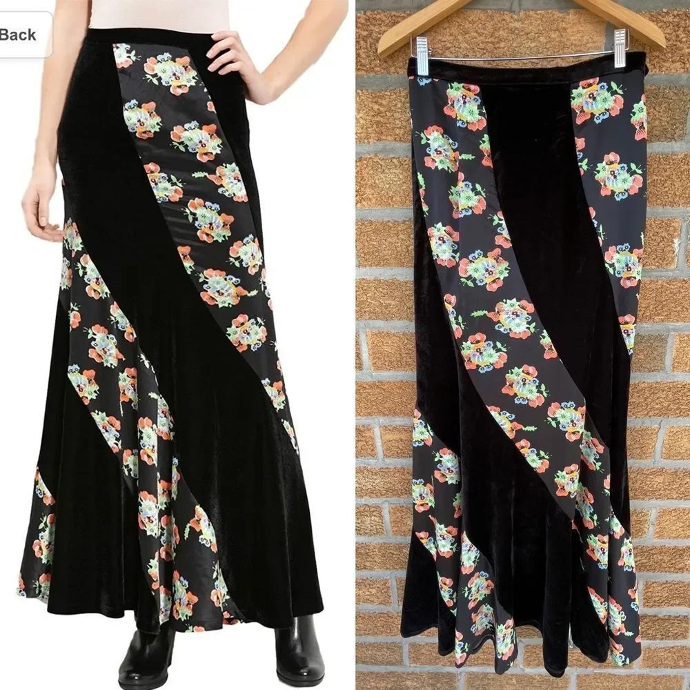 FREE PEOPLE Velvet satin twisted swirl maxi skirt size 10